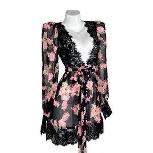 For Love And Lemons Black and Pink Floral Lace Robe